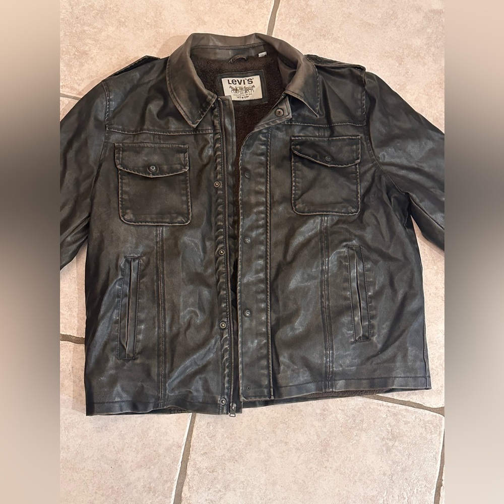 Levi's Faux Leather Motorcycle Jacket Zippered Snap Button Brown Sz XL Excellent